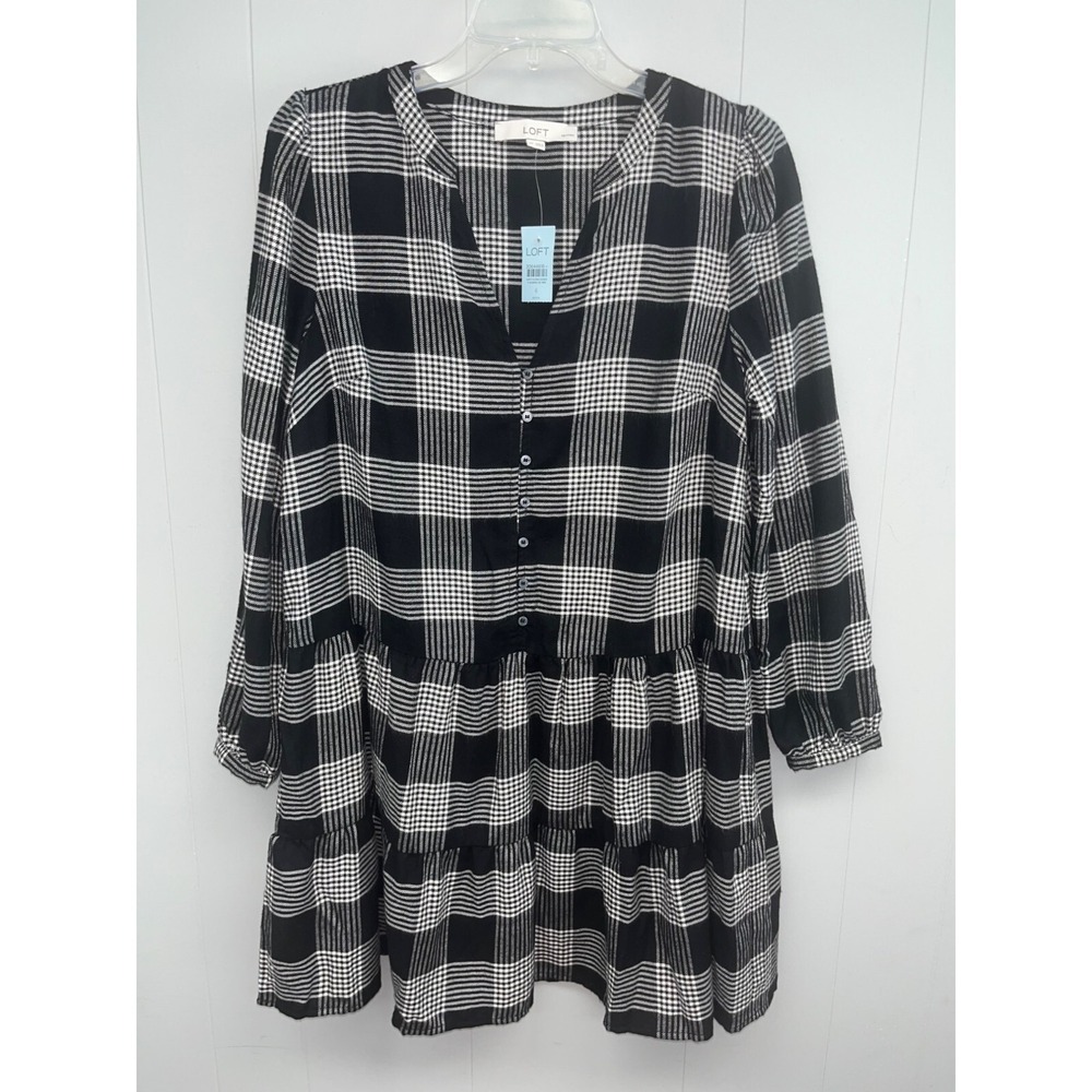 Loft Black White Plaid Shirt Dress Size 6P NWT